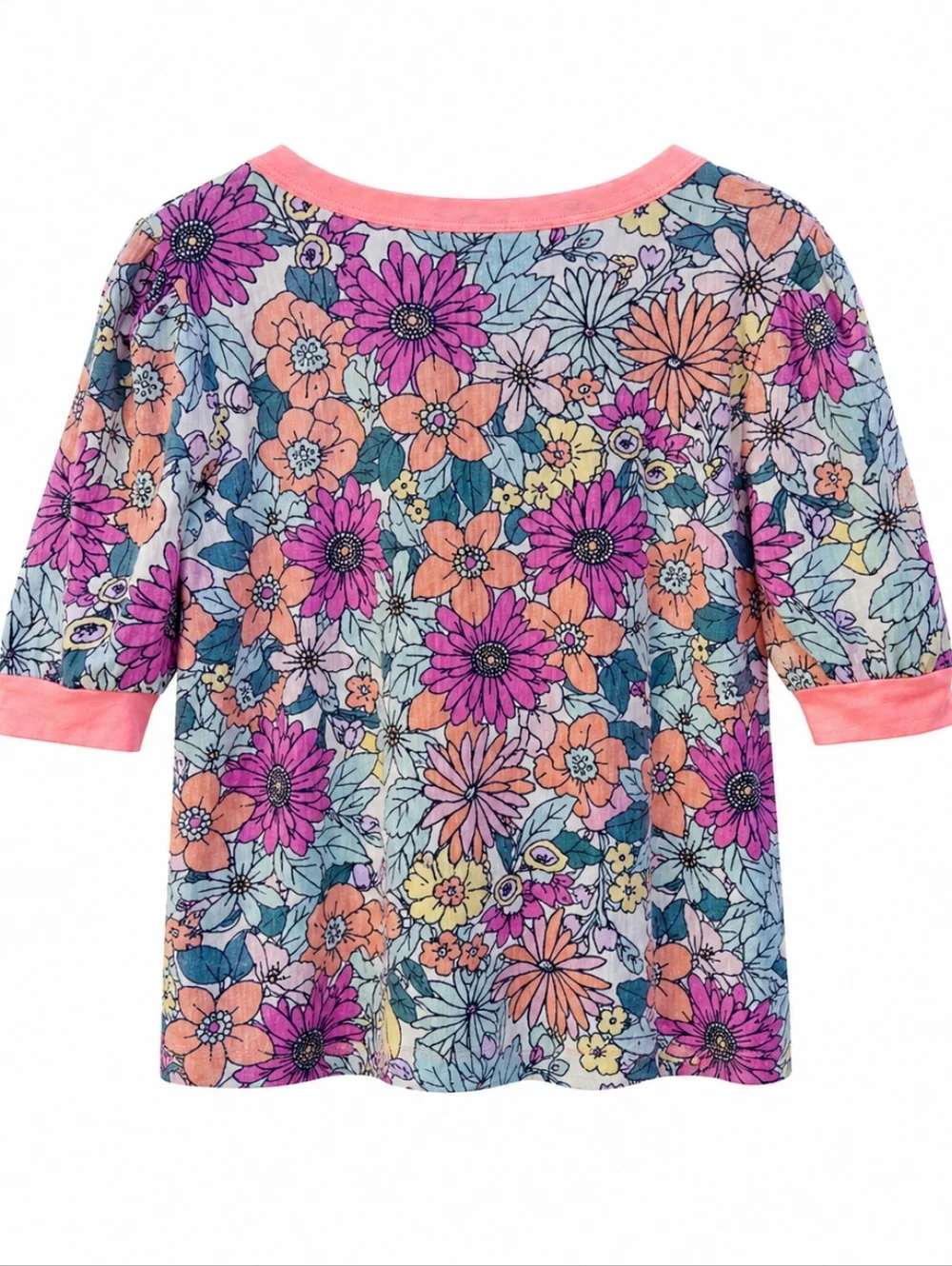 BiB! Multi-color Boho Floral Short Sleeve Top with Coral Trim Sz.M Casual Tee - Picture 2 of 8